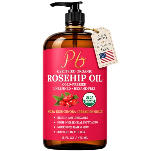 Rosehip Oil – USDA Organic 100% Pure, Cold-Pressed & Unrefined, Rosehip Oil for Face, Skin & Hair– Helps Reduce the Appearance of Fine Lines & Wrinkles – Rose Hip Seed Oil16 fl oz Glass Bottle