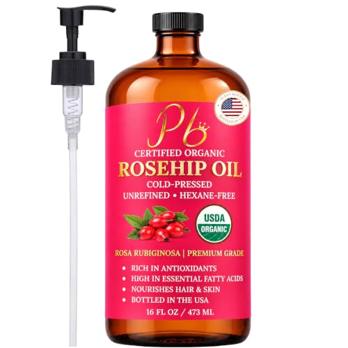 Rosehip Oil – USDA Organic 100% Pure, Cold-Pressed & Unrefined, Rosehip Oil for Face, Skin & Hair– Helps Reduce the Appearance of Fine Lines & Wrinkles – Rose Hip Seed Oil16 fl oz Glass Bottle