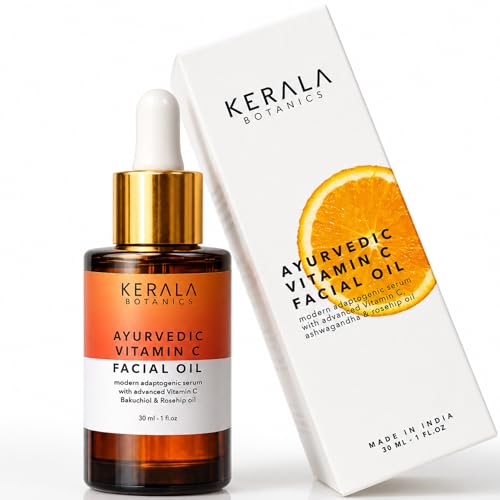 Kerala Botanics Ayurvedic Vitamin C Face Oil – Brightening Face Serum with Bakuchiol, Rosehip Oil & Squalane for Dark Spots, Fine Lines & Dull Skin – Non-Greasy Glow Oil for All Skin Types, 1 Fl Oz