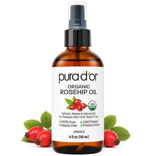 PURA D'OR ORGANIC Rosehip Seed Oil 100% Pure Cold Pressed USDA Certified For Hair, Skin, Scalp, Anti Aging Face & Body - Hexane Free Glass Bottle - 4 Oz - Hair Regrowth Tonic