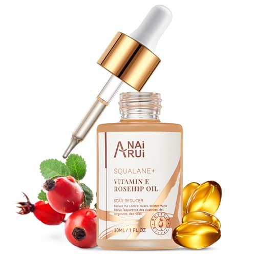 ANAI RUI Squalane + Vitamin E Rosehip Oil Moisturizer for Face,Hair,Skin& Nail Hydrate, Reduce Scars and Stretch Marks, Wrinkles for Smoother, Softer Skin 1 fl. Oz